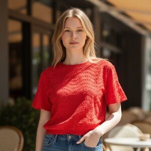 Ann Taylor Red Eyelet Short-Sleeve Tee